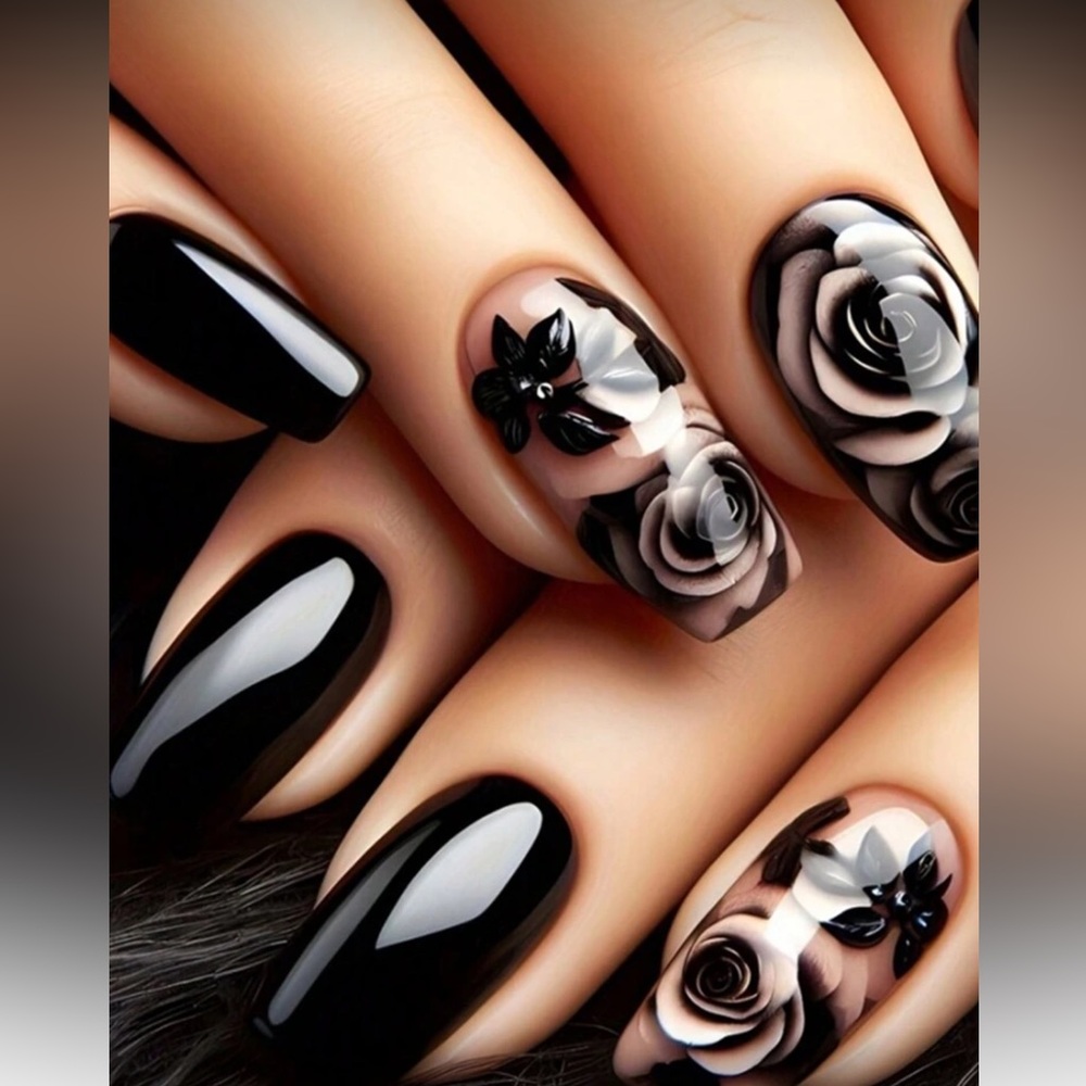 Elegant Black and Rose Nails